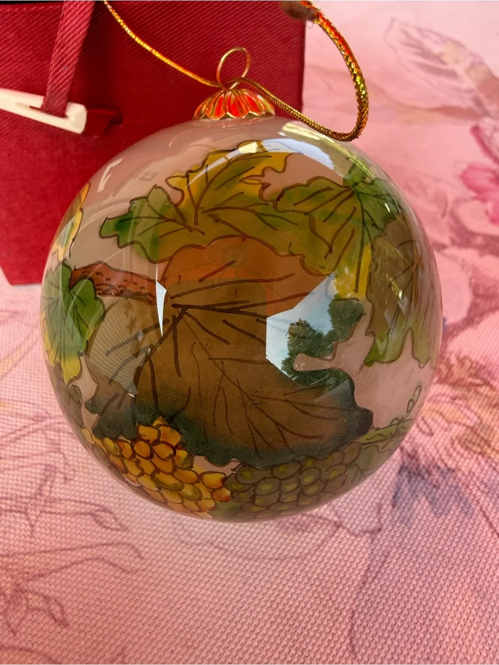 Hand-Painted Green & Gold Grape Leaf Holiday Ornament